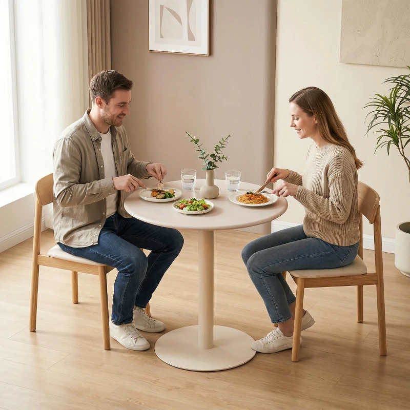 HOMCOM Table à Manger Ronde pour 2 Personnes Ø60 cm, Moderne avec Base Ronde, Cadre en Acier, pour Intérieur Extérieur, Beige