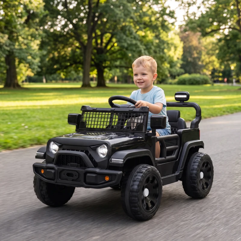 AIYAPLAY 12V Electric Car for Kids with Remote, Dual Motors, Rear Suspension, Soft Start, Music, Lights for 3-8 Years, Black
