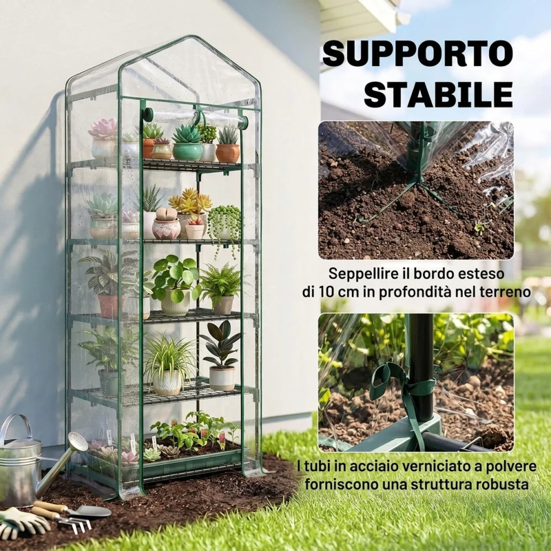 Outsunny Mini Serra da Giardino e Terrazza per Piante a 5 Ripiani in Acciaio con Copertura in PVC, 69x49x193 cm, Verde