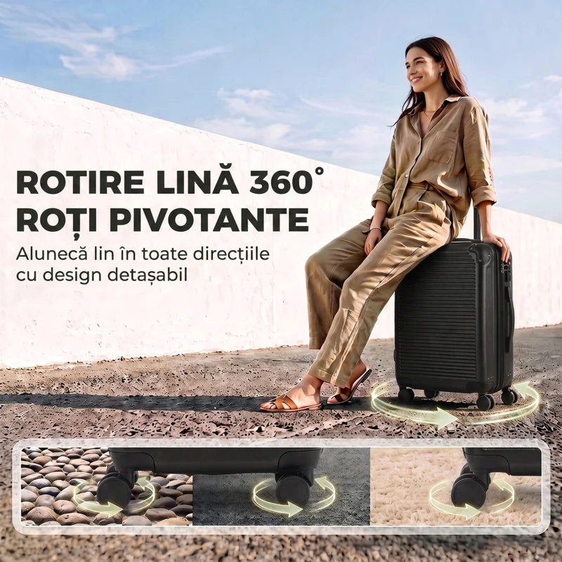 HOMCOM Troller Rigid Mic 40 L din ABS, Extensibil, 4 Roți Pivotante, Colțuri de Protecție, 56x36x24 cm, Negru