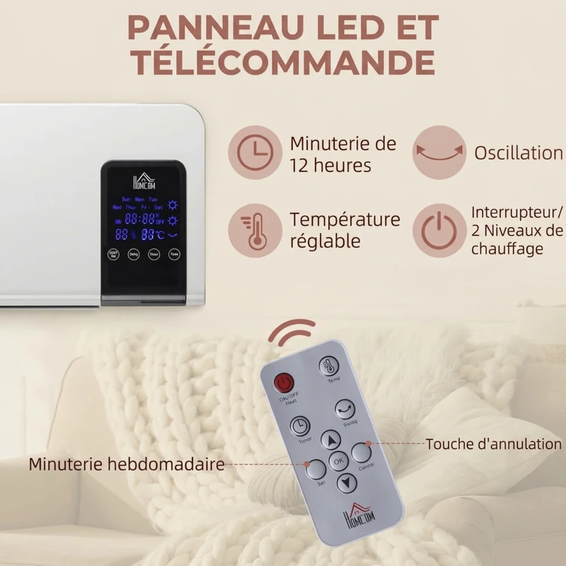 HOMCOM Radiateur soufflant mural chauffage céramique PTC - 1000 W / 2000 W oscillation minuterie avec télécommande blanc