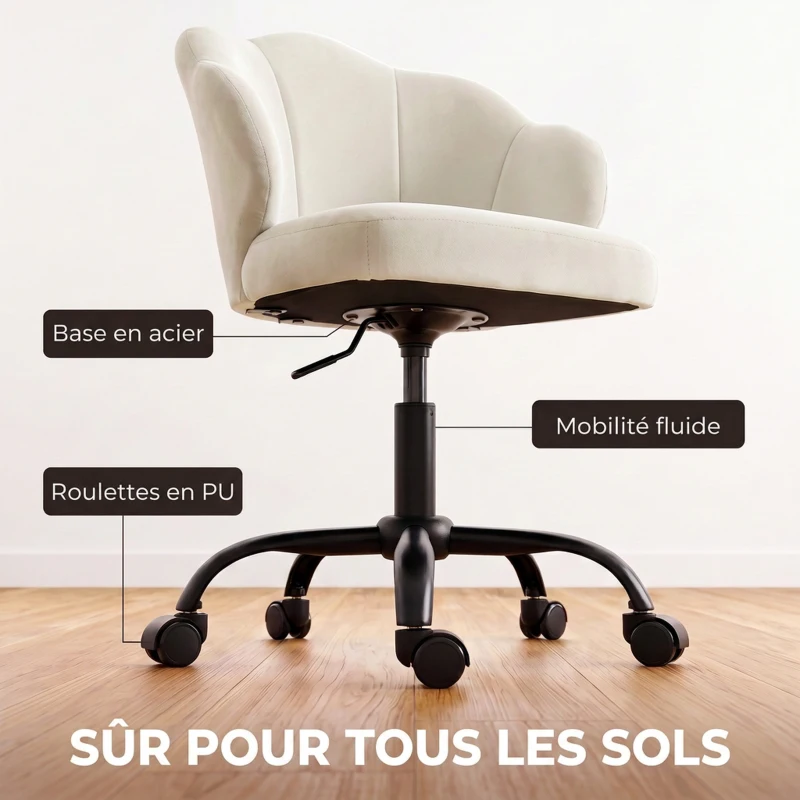 HOMCOM Chaise Bureau en Velours, Chaise Coiffeuse avec Dossier en Pétale, Hauteur Réglable, Fonction Bascule, Crème