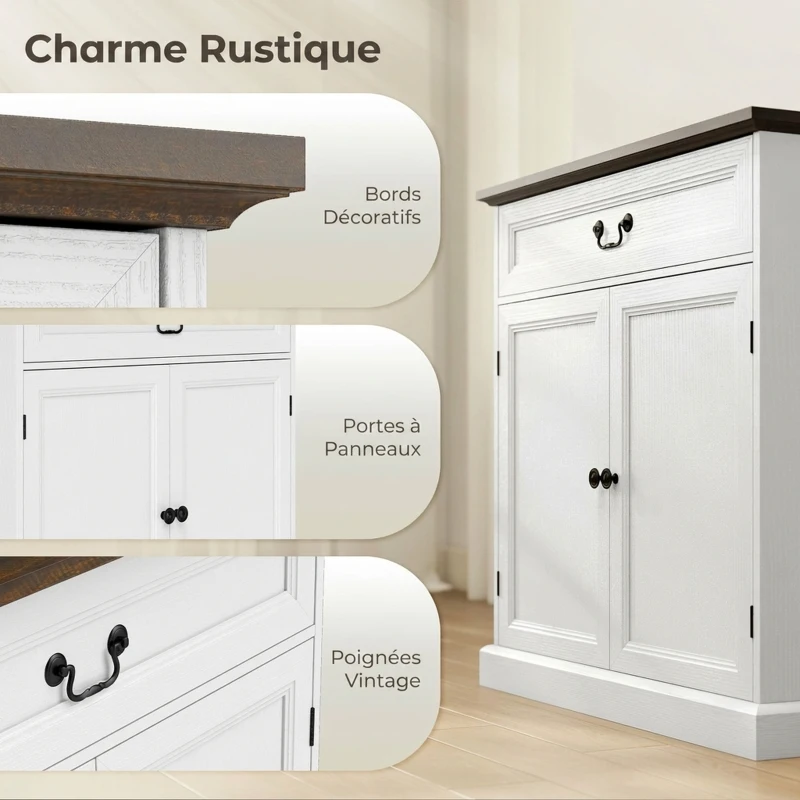 HOMCOM Buffet salon, meuble de rangement avec 2 portes, tiroir silencieux, étagère réglable, 80x40x85cm, blanc et marron