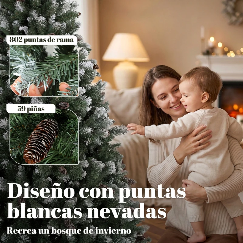 HOMCOM Árbol de Navidad Artificial 180 cm con 802 Puntas Efecto Nevado 59 Piñas y Base Metálica Plegable Verde y Blanco