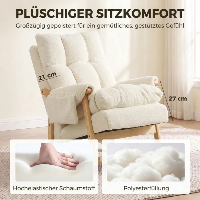 HOMCOM Schaukelstuhl mit Seitentaschen, Snow-Flannel-Bezug und Beinen aus Gummibaumholz, cremeweiß