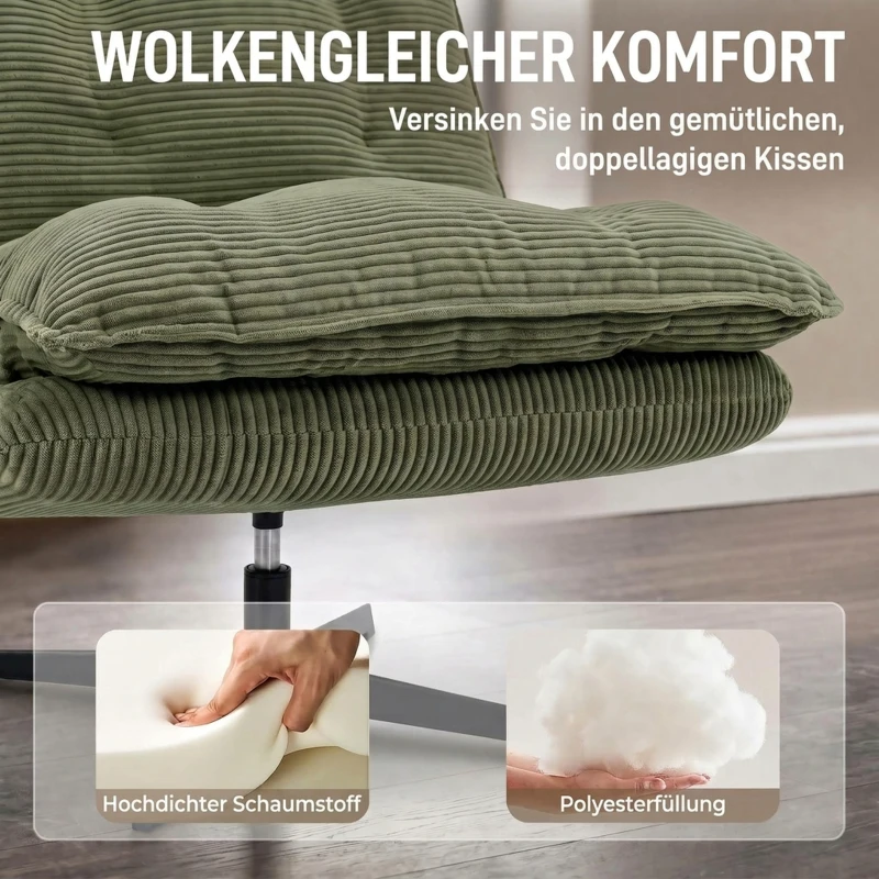 HOMCOM Loungesessel mit Hocker, 360° drehbar, Cordbezug, höhenverstellbare Fußstütze, Grün