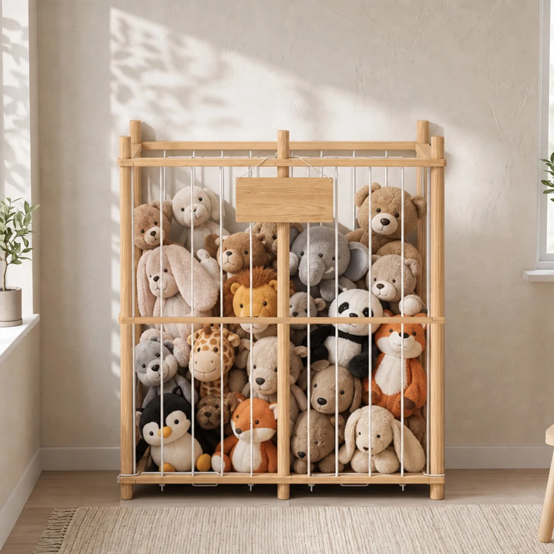 AIYAPLAY Organizador de Peluches em Madeira com Cordões Elásticos, Estante Infantil para Brinquedos, 3-8 Anos, 76x40x94,5 cm, Natural