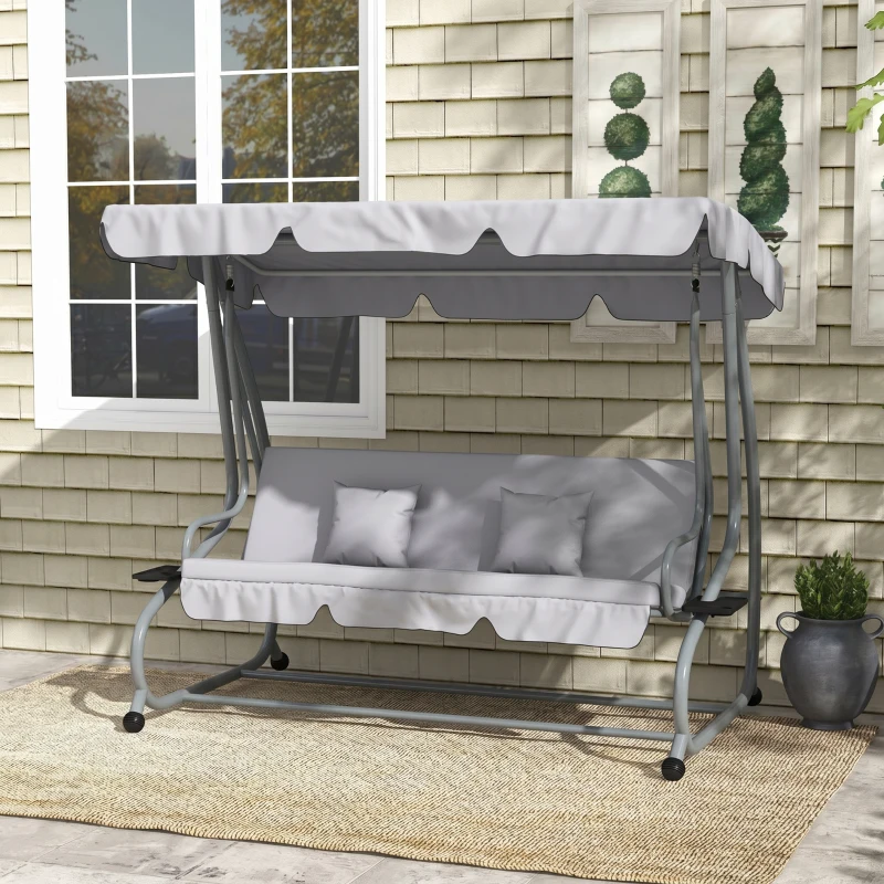 Outsunny 2-in-1 Hollywoodschaukel mit Liegefunktion, verstellbares Dach, bis 340 kg, Stahl, 200x120x164 cm, Grau(m-2)