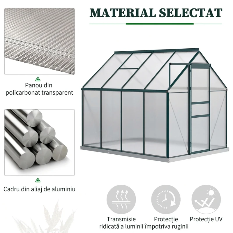 Outsunny Seră de Grădină din Policarbonat, Metal și Aluminiu, Anti-UV și Antivânt, 190x253x199cm, Verde