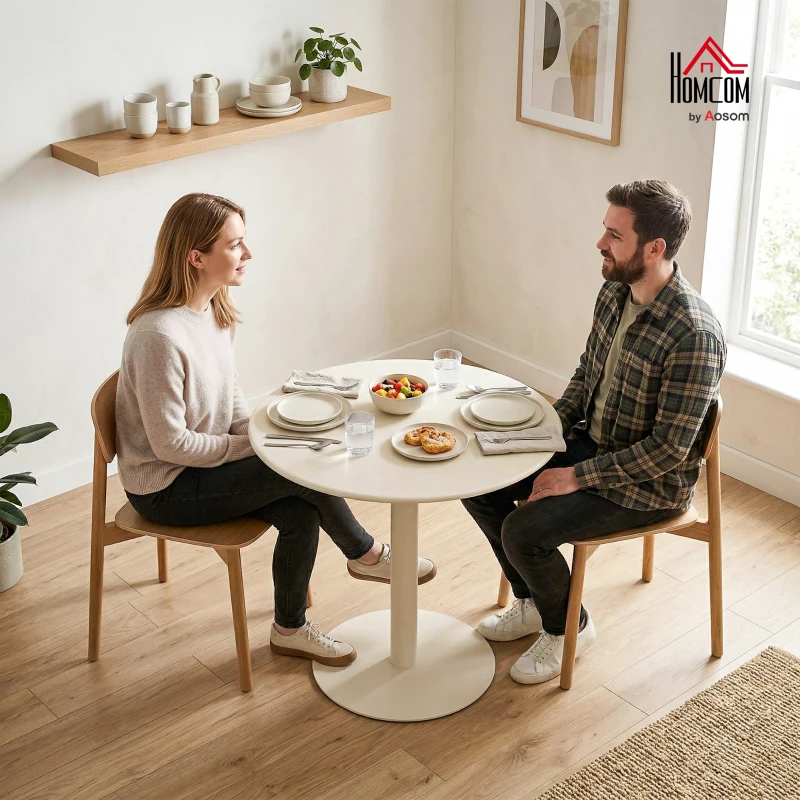 HOMCOM Runder Küchentisch für 2 Personen mit Stahlgestell, platzsparend, 60 x 60 x 72 cm, Beige