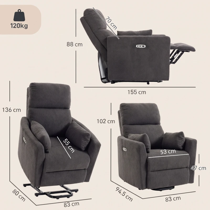 HOMCOM Riser Recliner Chair with Massage and Heat, Teddy Fleece Electric Power Lift Recliner for Elderly, Dark Grey