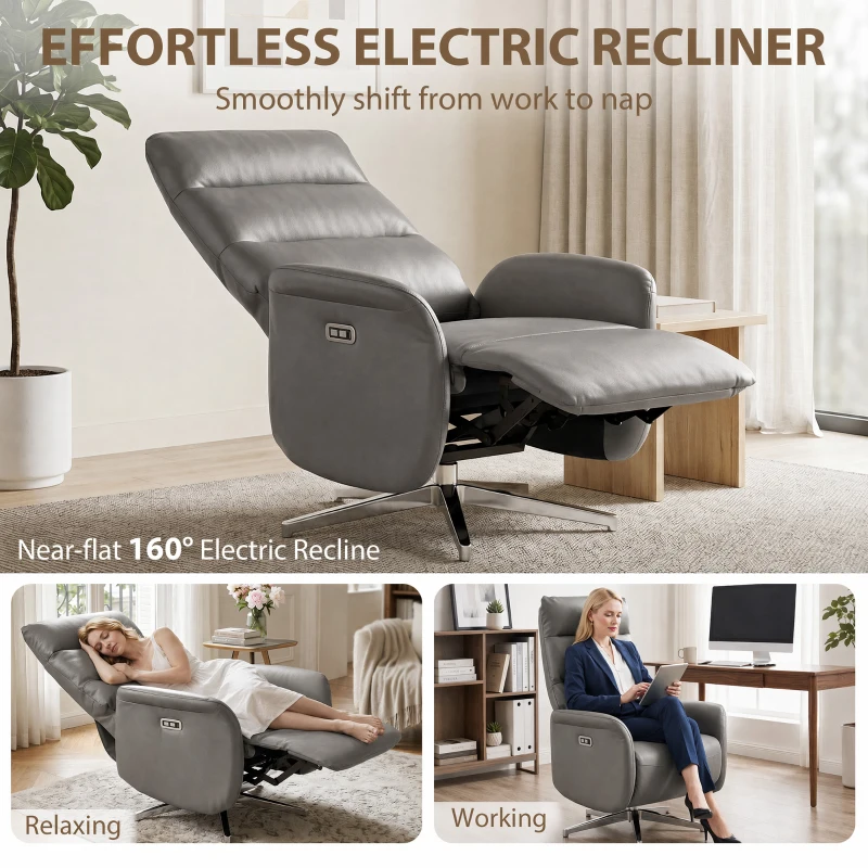 HOMCOM Power Recliner Chair, Swivel Electric Reclining Chair with Type C+USB, Recliner Armchair with Footrest, Dark Grey