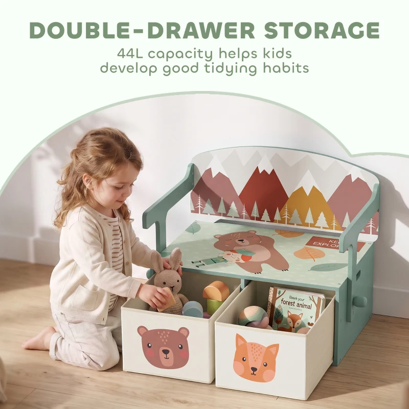 AIYAPLAY Kids Table and Chair Set, 3 in 1 Wooden Toy Box with 2 Fabric Drawers for Bedroom, Playroom, Gift for Boys Girls, Green