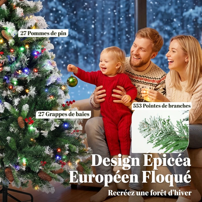 HOMCOM Sapin de Noël Artificiel Lumineux et Enneigé 150cm, Arbre de Noël, Télécommande, 11 Modes d'Éclairage, 210 LED, Vert