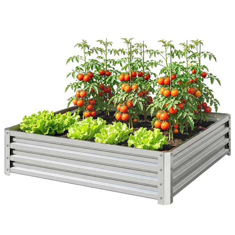 Outsunny Square Raised Garden Bed Box with Weatherized Steel Frame for Vegetables, Flowers, & Herbs, 120 x 120 x 30cm, Silver Tone