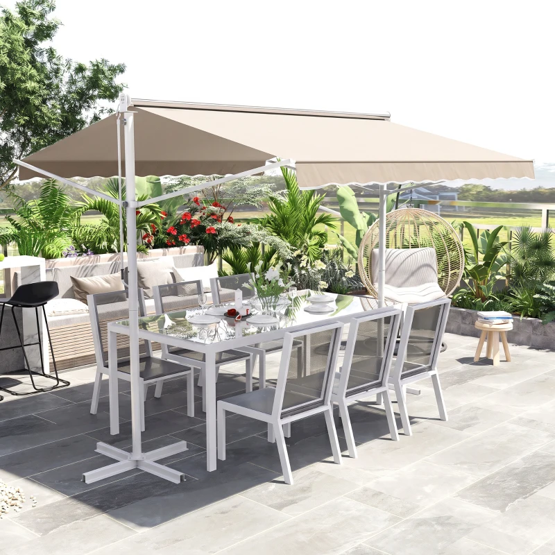 Outsunny Store Double Pente 3 x 3 m Manuel rétractable Inclinaison réglable Acier époxy Blanc Polyester imperméabilisé Anti-UV Beige