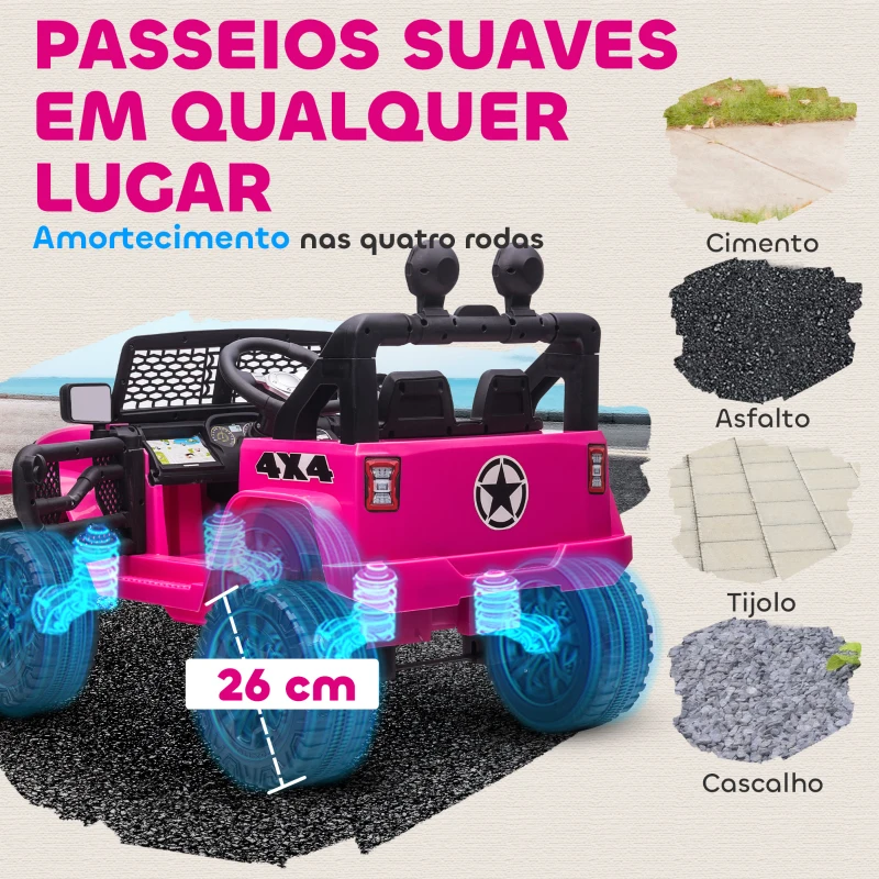 HOMCOM Carro Elétrico Infantil Bateria 12V com 2 Motores Controle Remoto 2.4G Luzes Buzina Velocidade Ajustável 100x65x72 cm Rosa
