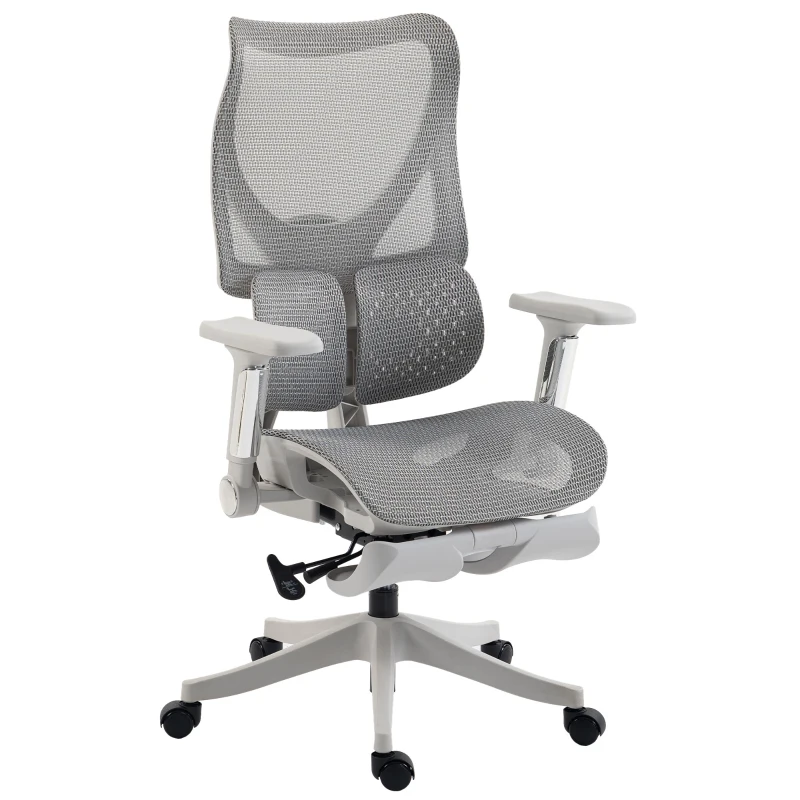 HOMCOM Ergonomic Office Chair with Lumbar Support, Mesh Reclining Desk Chair with Footrest, Adjustable High Back, Grey