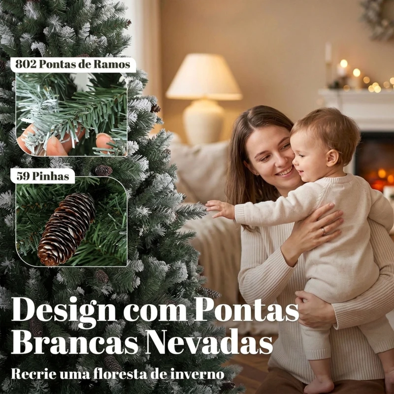 HOMCOM Árvore de Natal Artificial 180 cm com 802 Pontas Efeito Nevado, 59 Pinhas e Base Metálica Dobrável Verde e Branco