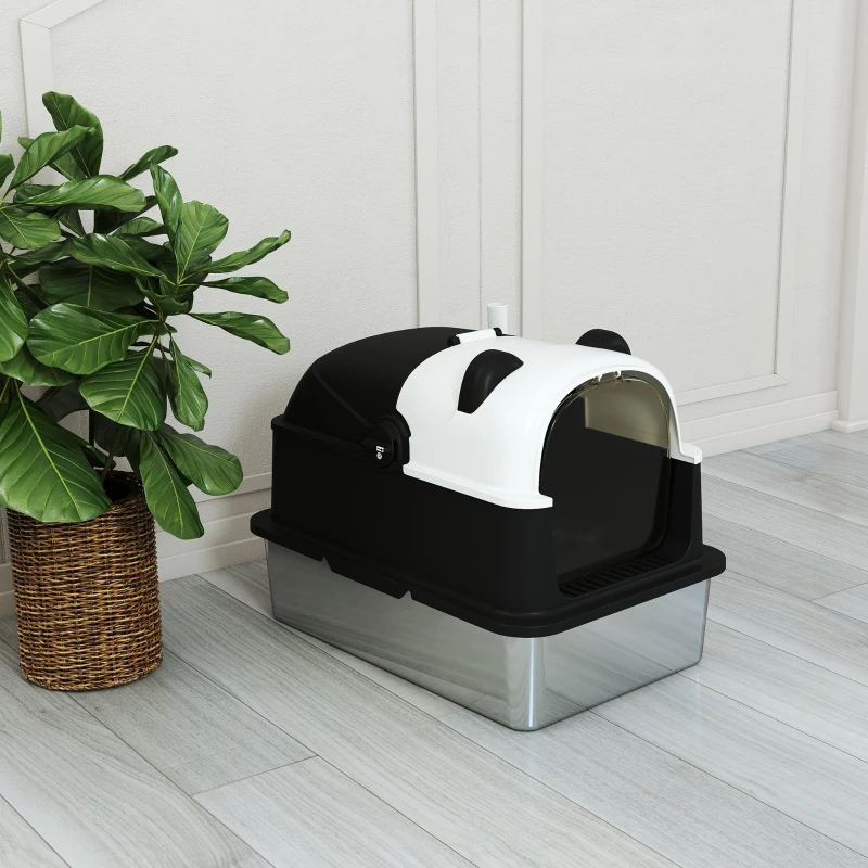 PawHut Panda Style XL Stainless Steel Cat Litter Box with Lid, Enclosed Kitty Litter Box with Scoop, 60 x 40 x 45 cm