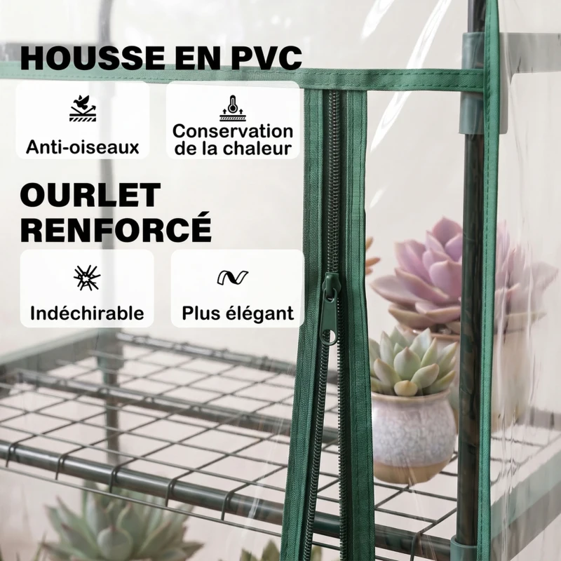 Outsunny Serre de jardin PVC avec étagères 5 niveaux, serre de balcon, bâche renforcée 135 g/m², châssis en acier, porte zippée enroulable, pour légumes plantes fleurs, 69 x 49 x 193 cm, transparent