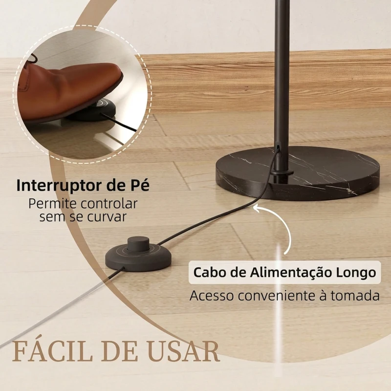 HOMCOM Candeeiro de Pé em Arco para Sala com Cúpula Ajustável e Base em Mármore Preto e Cinzento Fumado