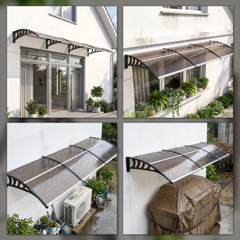 Outsunny Marquesa Exterior para Portas e Janelas 303x96x27 cm com Barra de Liga de Alumínio PP Policarbonato Castanho