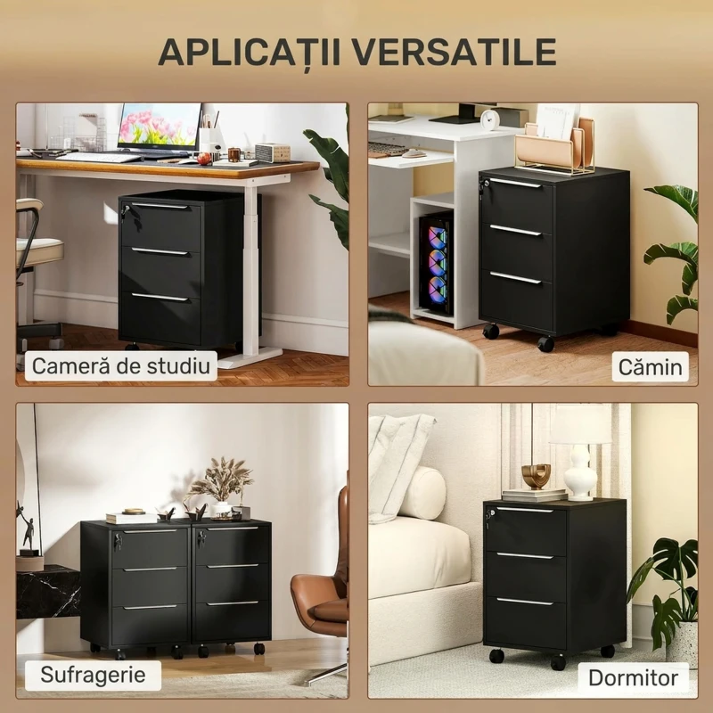 HOMCOM Fișet de Birou cu 3 Sertare, 4 Roți, Casetieră cu Încuietoare și 2 Chei, Negru
