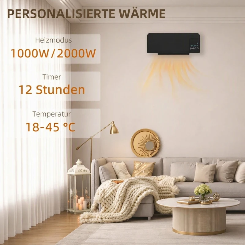 HOMCOM Elektro-Heizung, Wandmontage, Schwingfunktion, 2 Modi, Timer, LED-Anzeige, Schwarz