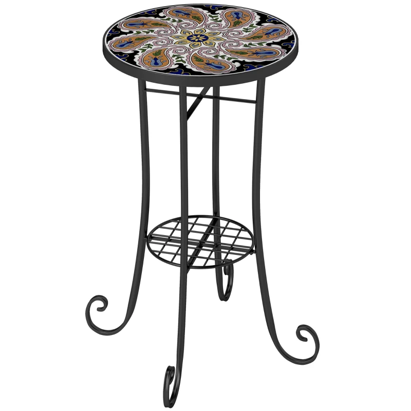 Outsunny Mosaic Garden Table, 35.5 cm Round Outdoor Table with Shelf, Ceramic Tile Top, Small Garden Side Table Bistro Table End Table Plant Stand for Indoor, Patio, Balcony, Orange