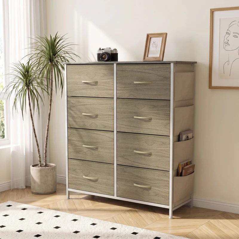 HOMCOM Chest of Drawers, Dresser for Bedroom with 8 Fabric Drawers, Tall Storage Unit w/ Side Storage Bag, Natural Wood Finish