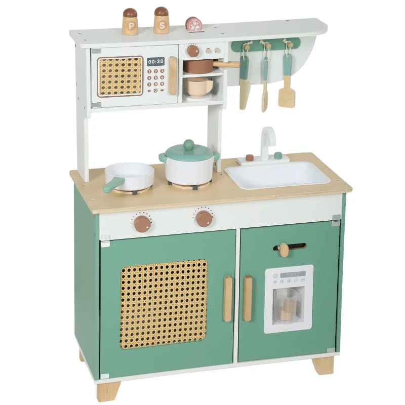AIYAPLAY Cuisine Enfant en Bois 19 Accessoires, Cafetière, Machine à Glaçons, Micro-Ondes, Placard, 3-6 Ans, 61x27x79,7cm, Vert