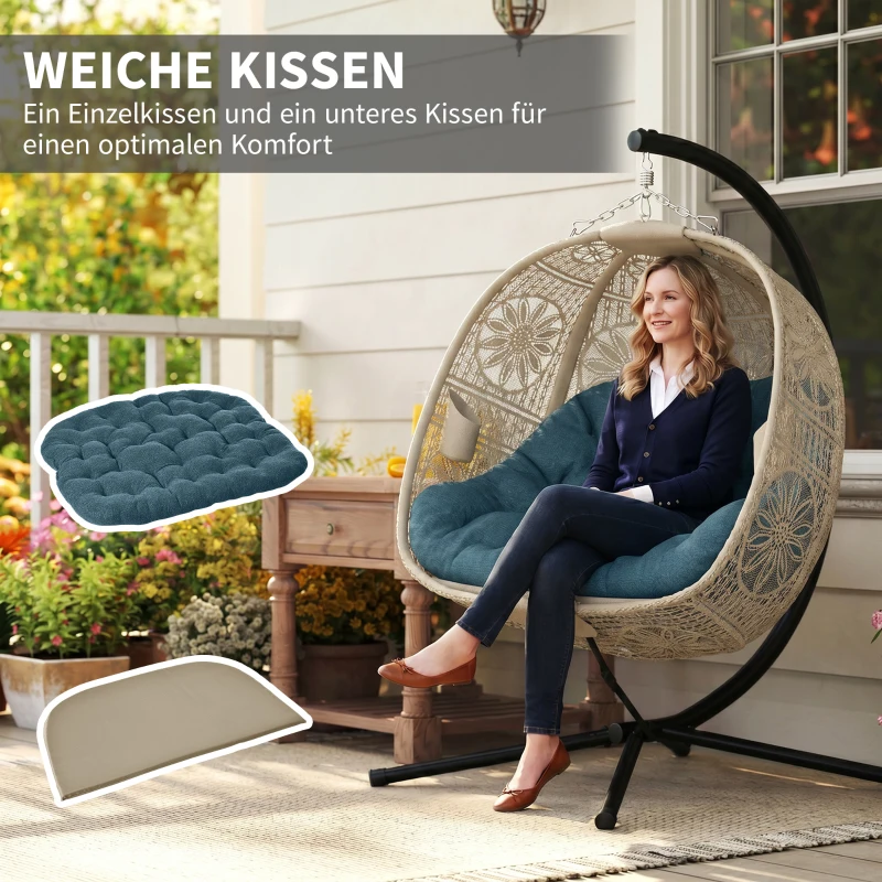 Outsunny Hängesessel mit Gestell, Eiförmiger Hängeschaukel mit abnehmbarem waschbarem Kissen, Hängematte für 2 Personen, Schaukelsessel Indoor Outdoor, Sand+Schwarz