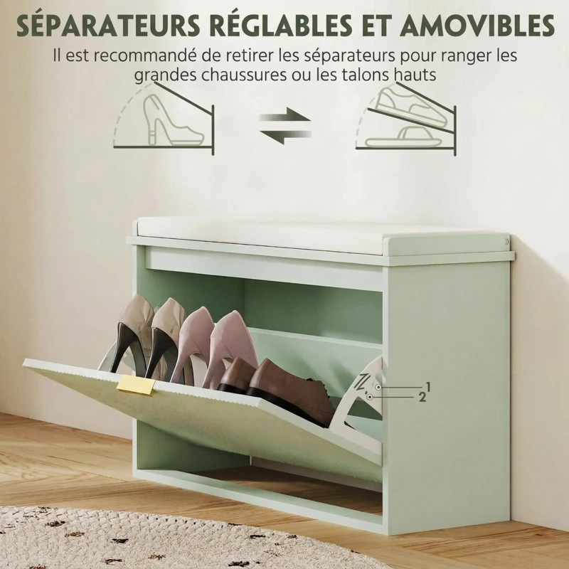 HOMCOM Banc à chaussures avec coussin d'assise rembourré et tiroir rabattable pour couloir, chambre, 80 x 26 x 47,5 cm, vert