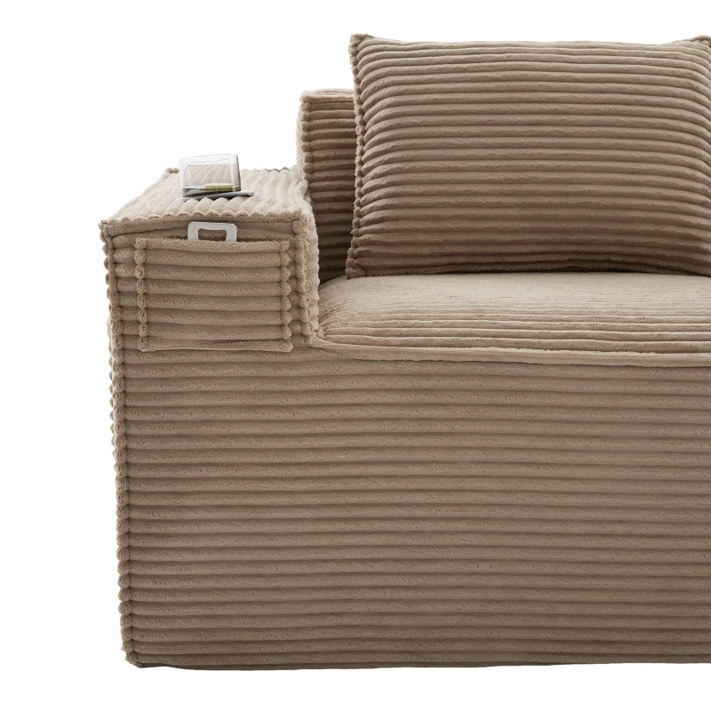 Modulares Doppelsitz-Cordsofa mit Becherhaltern und Seitentaschen, Federkern und hochdichtem Schaumstoff, 188L x 90B x 75H cm, Khaki