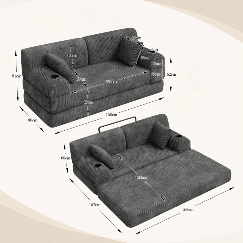 Doppeltes komprimiertes Cordsofa, Metallrahmen, 2 Becherhalter und 4 Seitentaschen, 168L x 80B x 81H cm, Dunkelgrau