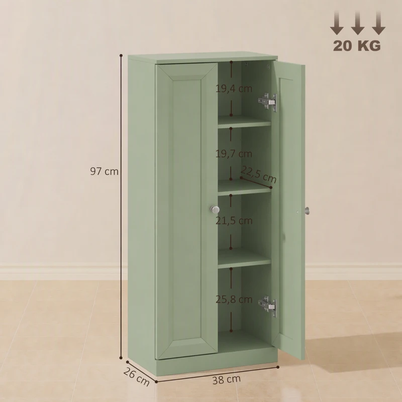 HOMCOM Móvel de Casa de Banho Estreito Móvel de Arrumação com 2 Portas e 3 Prateleiras para Sala Quarto Verde