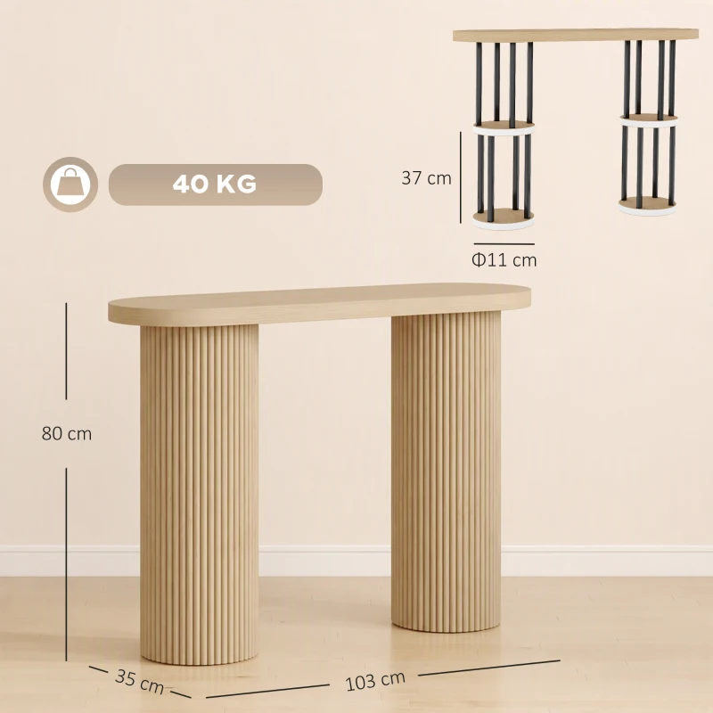 HOMCOM Table Console Cannelée, Rangement Dissimulé, Pieds Colonnes, Style Rustique, Console d'Entrée Étroite, 103x35x80cm Chêne