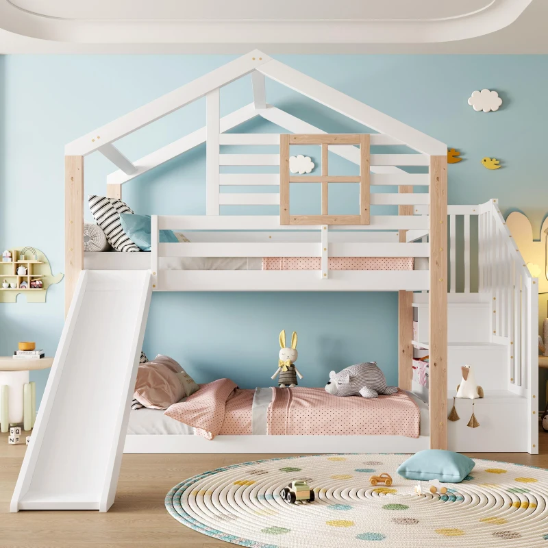 Kinderbett mit Rutsche und Treppe, ausgestattet mit Handläufen und Stauraum, 252L x 96B x 206H cm, Weiß