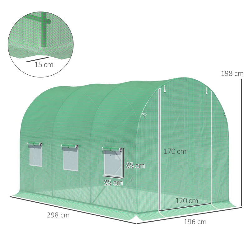 Outsunny Walk-in Polytunnel Greenhouse, Outdoor Garden Tunnel Greenhouse Tent with Zipped Roll-Up Door and 6 Mesh Windows, 3 x 2M