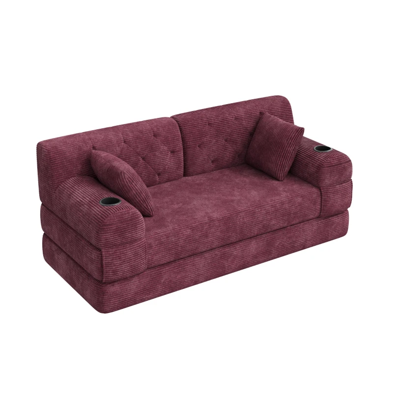 Doppeltes komprimiertes Cordsofa, Metallrahmen, 2 Becherhalter und 4 Seitentaschen, 168L x 80B x 81H cm, Weinrot