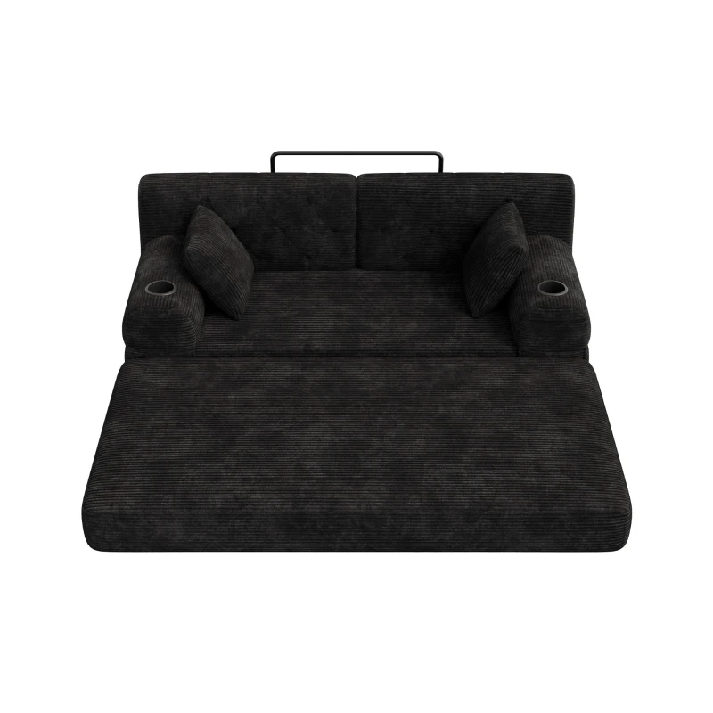 Doppeltes komprimiertes Cordsofa, Metallrahmen, 2 Becherhalter und 4 Seitentaschen, 168L x 80B x 81H cm, Schwarz