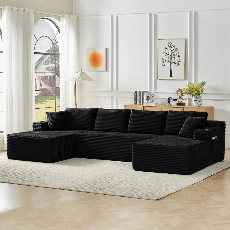 Modulares U-förmiges rahmenloses Cordsofa，mit tiefem Sitzdesign, geeignet für Wohnzimmer, 339L x 168B x 64H cm, Schwarz