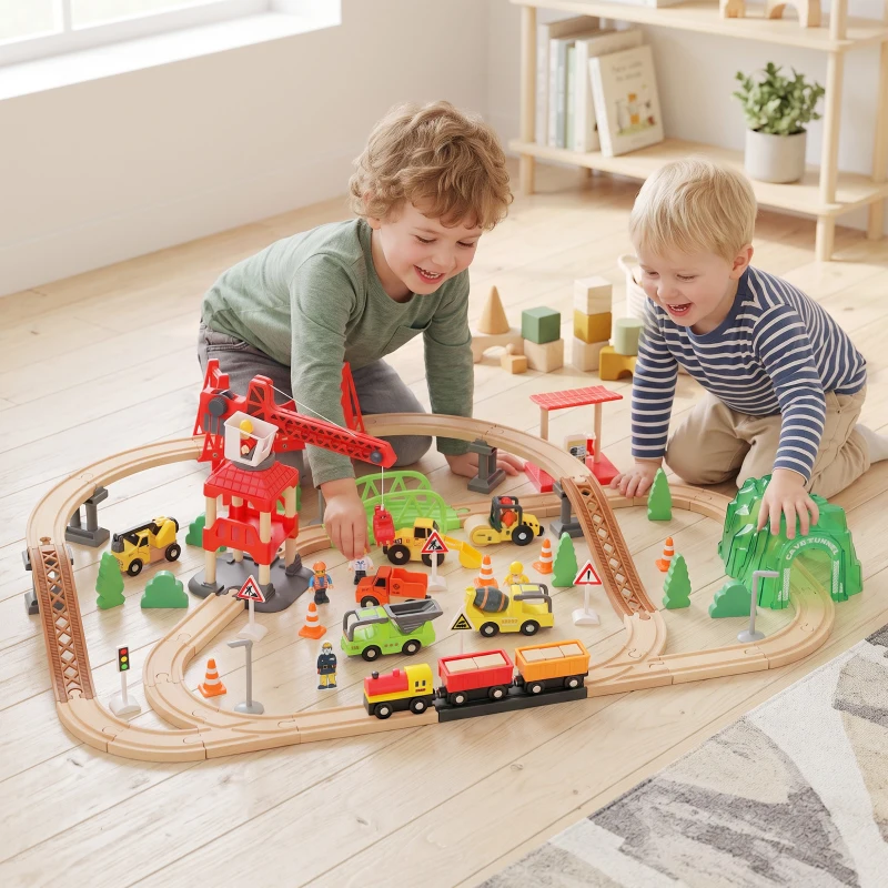 AIYAPLAY 91-Piece Wooden Train Set, Toy Train with Magnetic Crane, Sound Effects Track, for Kids Ages 3+