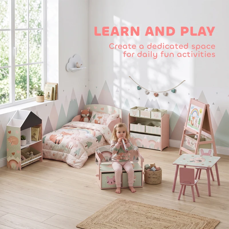 AIYAPLAY Coffre à Jouet Enfant 3 en 1, Ensemble Table et Chaises avec 2 Bacs en Tissu Amovibles et Poignée, 3-6 ans, Rose