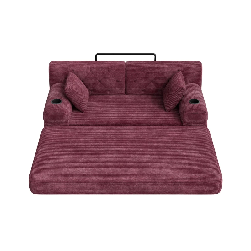 Doppeltes komprimiertes Cordsofa, Metallrahmen, 2 Becherhalter und 4 Seitentaschen, 168L x 80B x 81H cm, Weinrot
