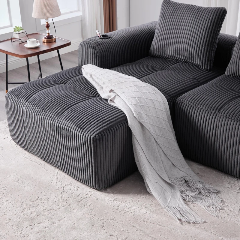 Cord-Kombinationssofa mit 3 Kissen, Seitentaschen und Getränkehaltern, 253L x 158B x 61H cm, Dunkelgrau