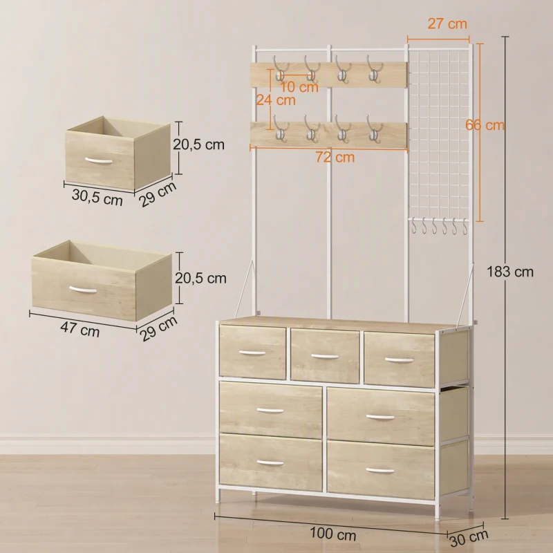 HOMCOM Perchero 4 en 1, Mueble de Entrada con 7 Cajones Plegables de Tela, 14 Ganchos y Panel Rejilla, Roble