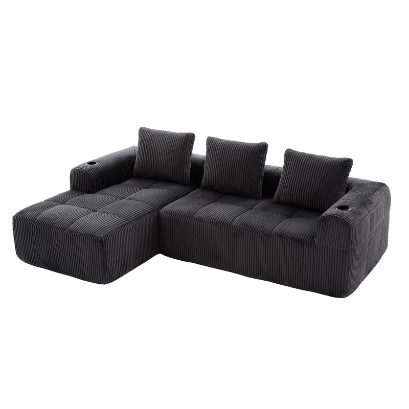Cord-Kombinationssofa mit 3 Kissen, Seitentaschen und Getränkehaltern, 253L x 158B x 61H cm, Dunkelgrau