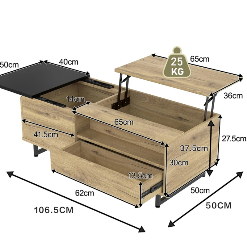 Schrank mit LED-Stehleuchte und ausreichend Stauraum, verstellbare Höhe mit Schublade und Fach, 103,5 x 50 B x 27,5 H cm, Natur